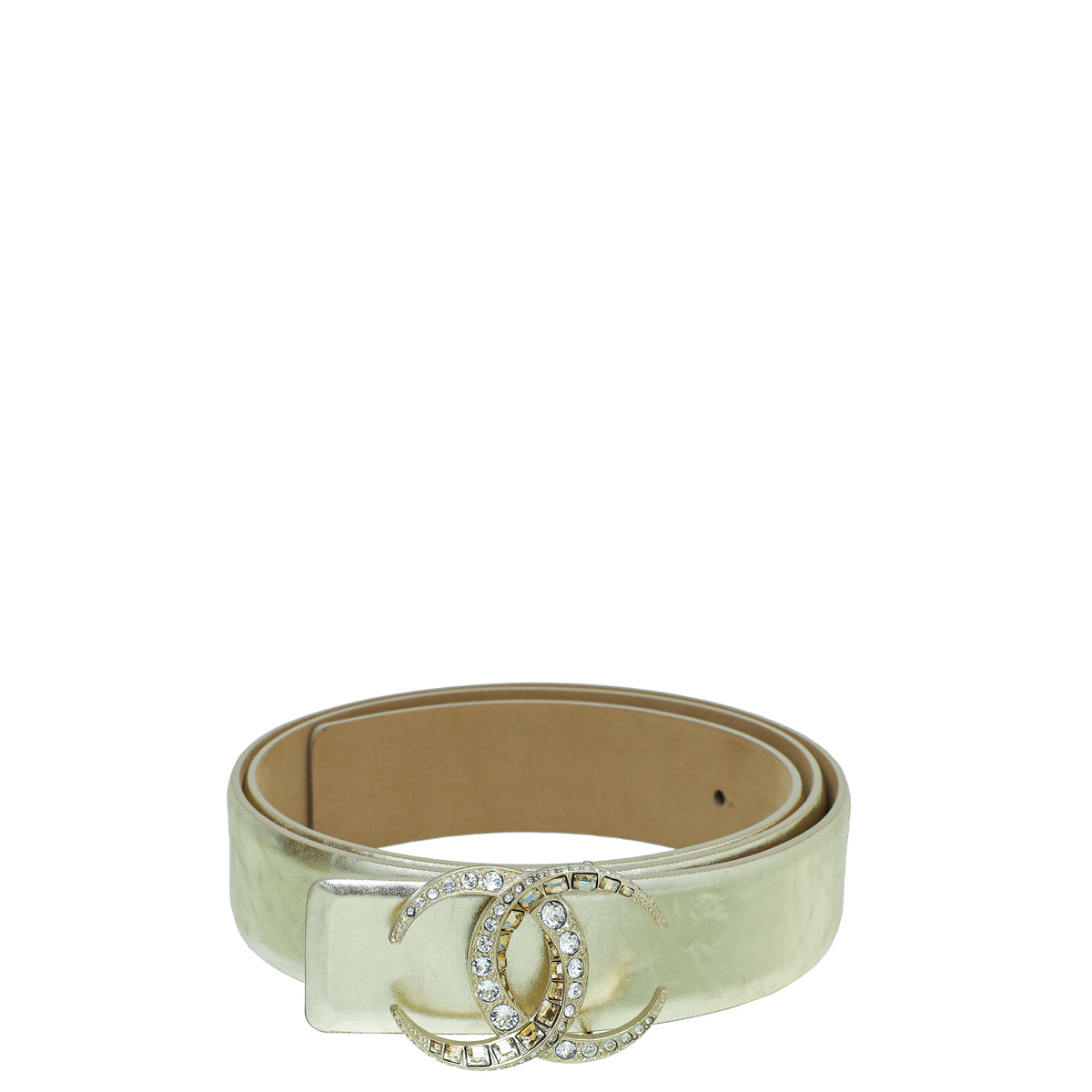 Chanel Metallic Gold CC Crescent Moon Crystal Buckle Belt 34