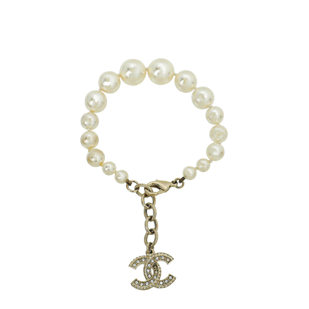 Chanel White CC Crystal Drop Charm Pearl Bracelet