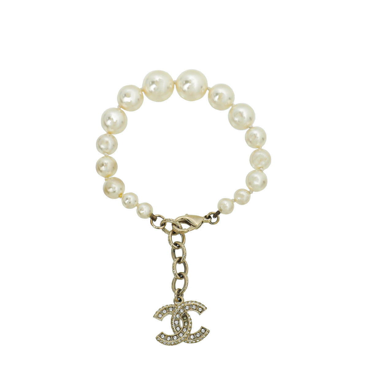 Chanel White CC Crystal Drop Charm Pearl Bracelet