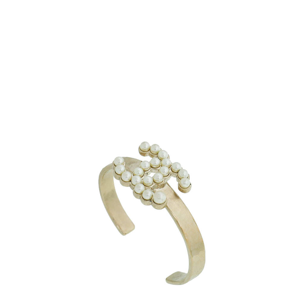 Chanel Light Gold CC Faux Pearl Cuff Bangle