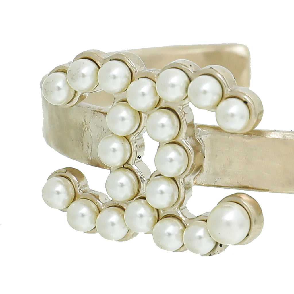 Chanel Light Gold CC Faux Pearl Cuff Bangle