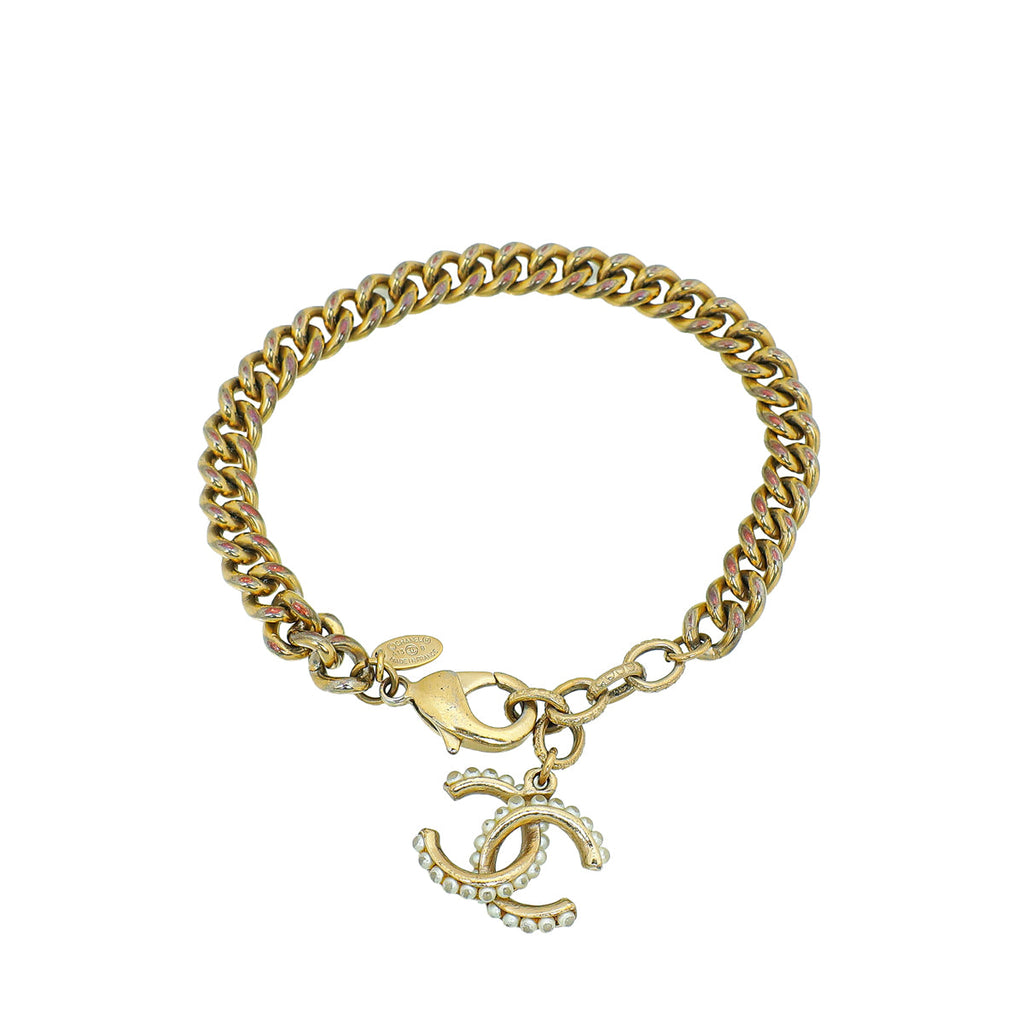 Chanel Ivory Pearl CC Drop Charm Chain Bracelet
