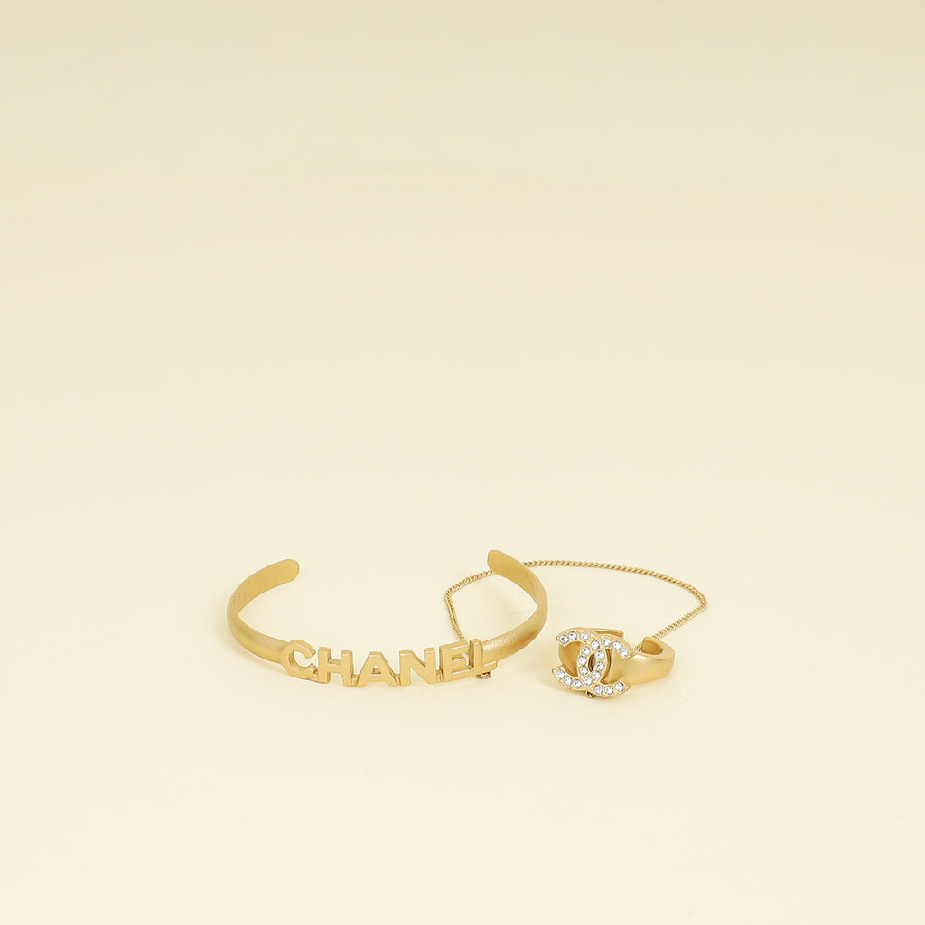 Chanel Gold CC Crystal Chain Cuff Ring Set