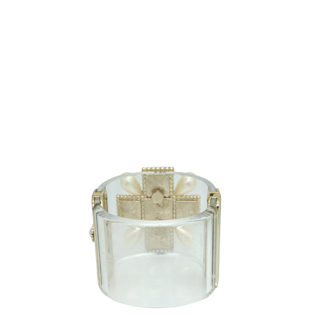 Chanel White CC Crystal Pearl Cuff Bracelet