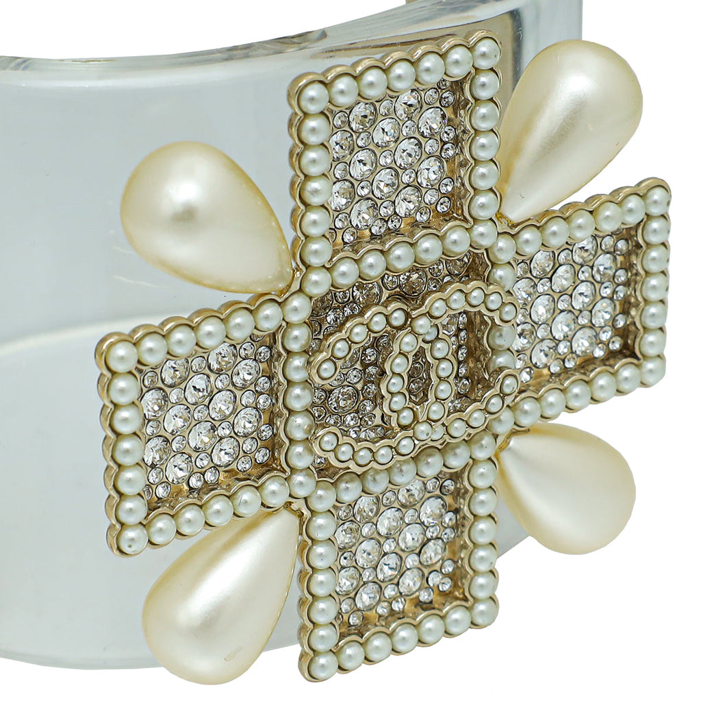 Chanel White CC Crystal Pearl Cuff Bracelet