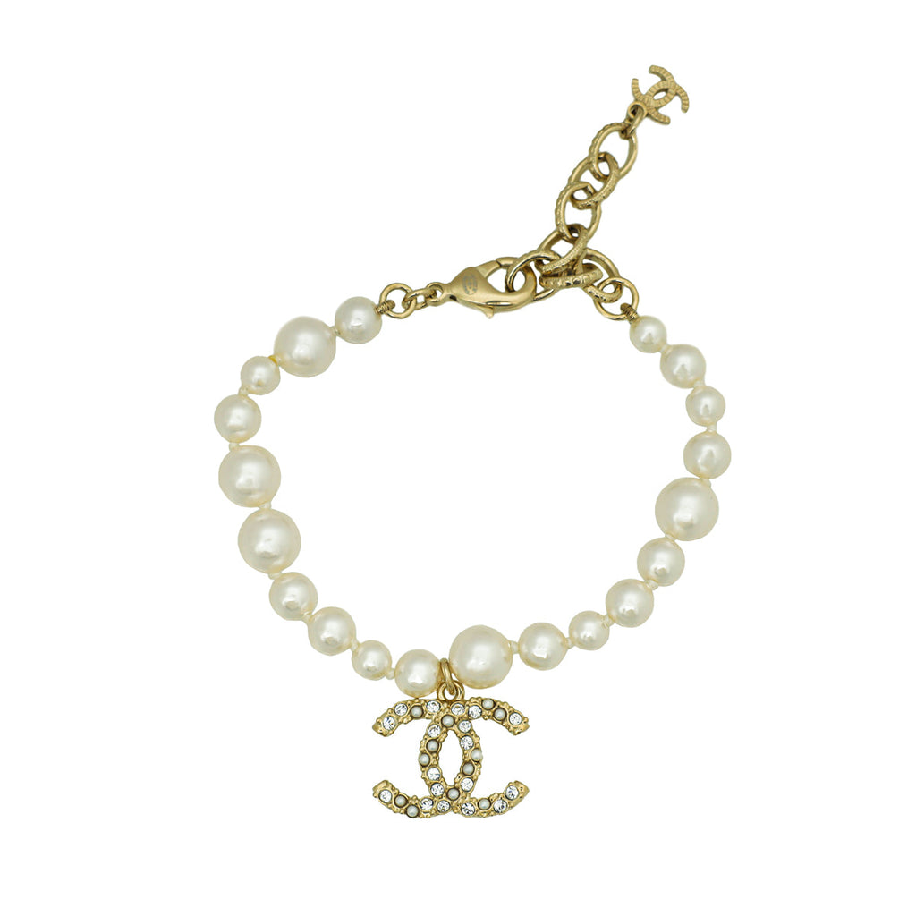 Chanel White CC Drop Charm Pearl Bracelet