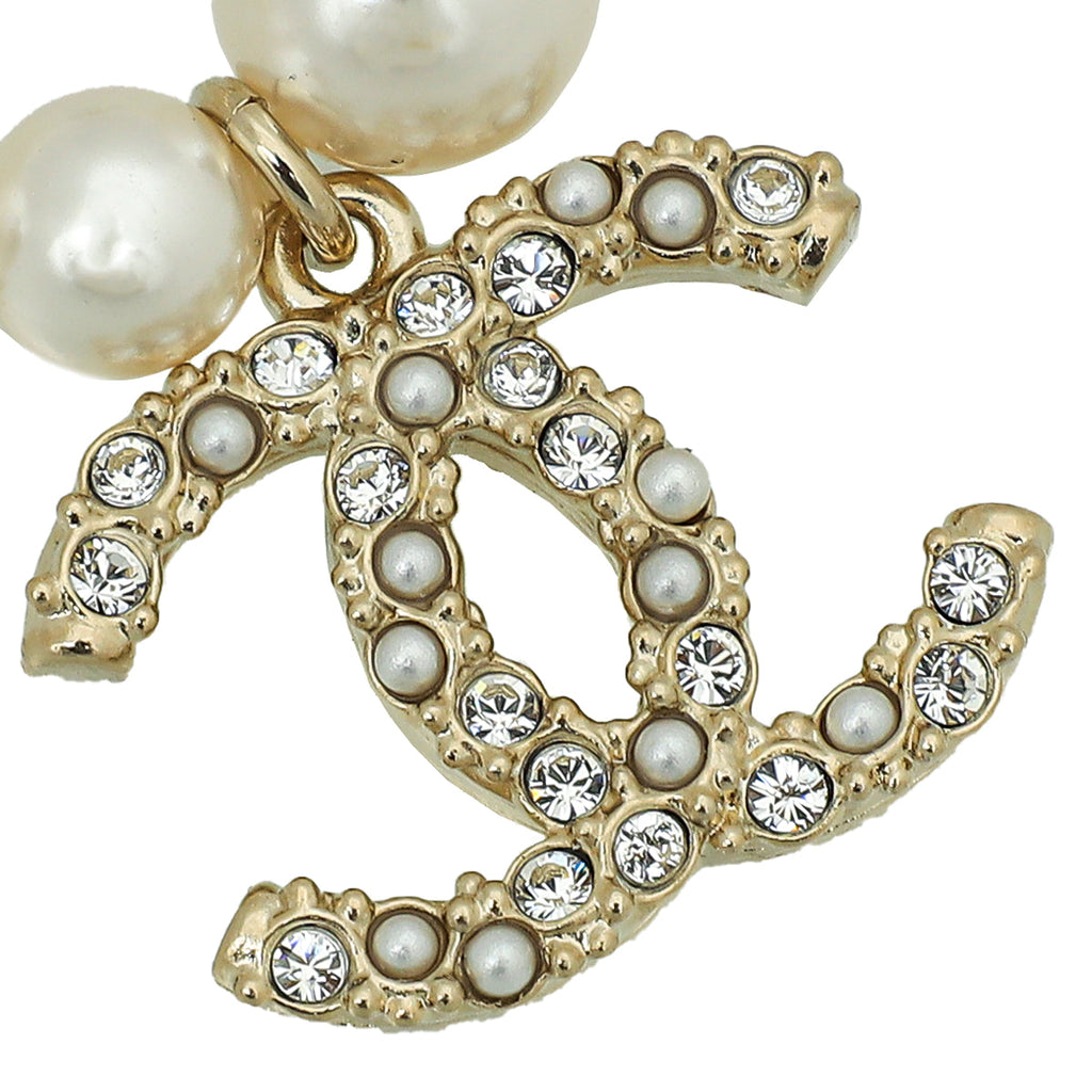 Chanel White CC Drop Charm Pearl Bracelet