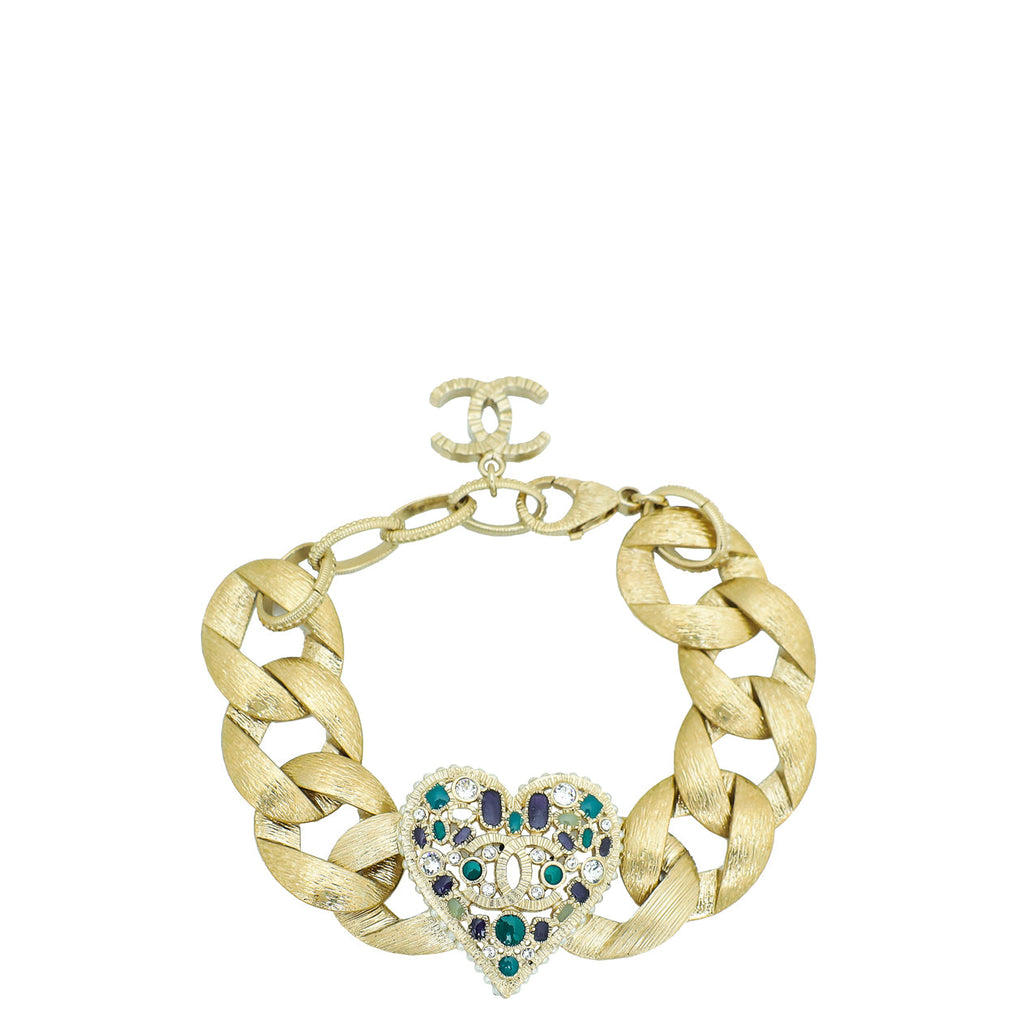Chanel Gold CC Charm Heart Crystal Wide Chain Bracelet