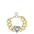 Chanel Gold CC Charm Heart Crystal Wide Chain Bracelet