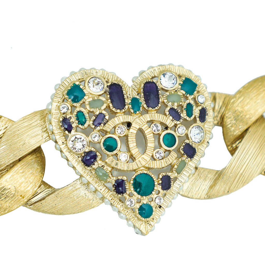 Chanel Gold CC Charm Heart Crystal Wide Chain Bracelet