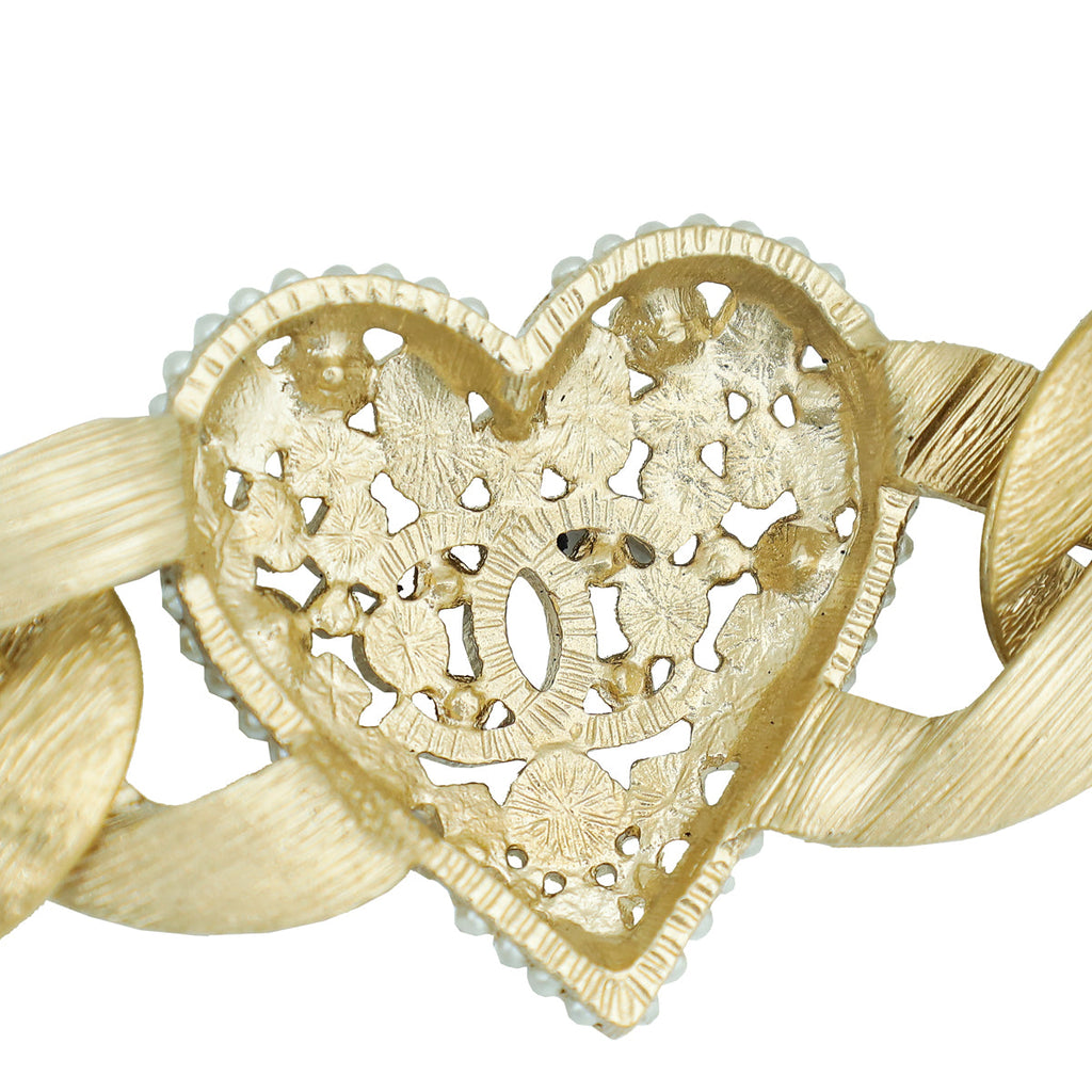 Chanel Gold CC Charm Heart Crystal Wide Chain Bracelet
