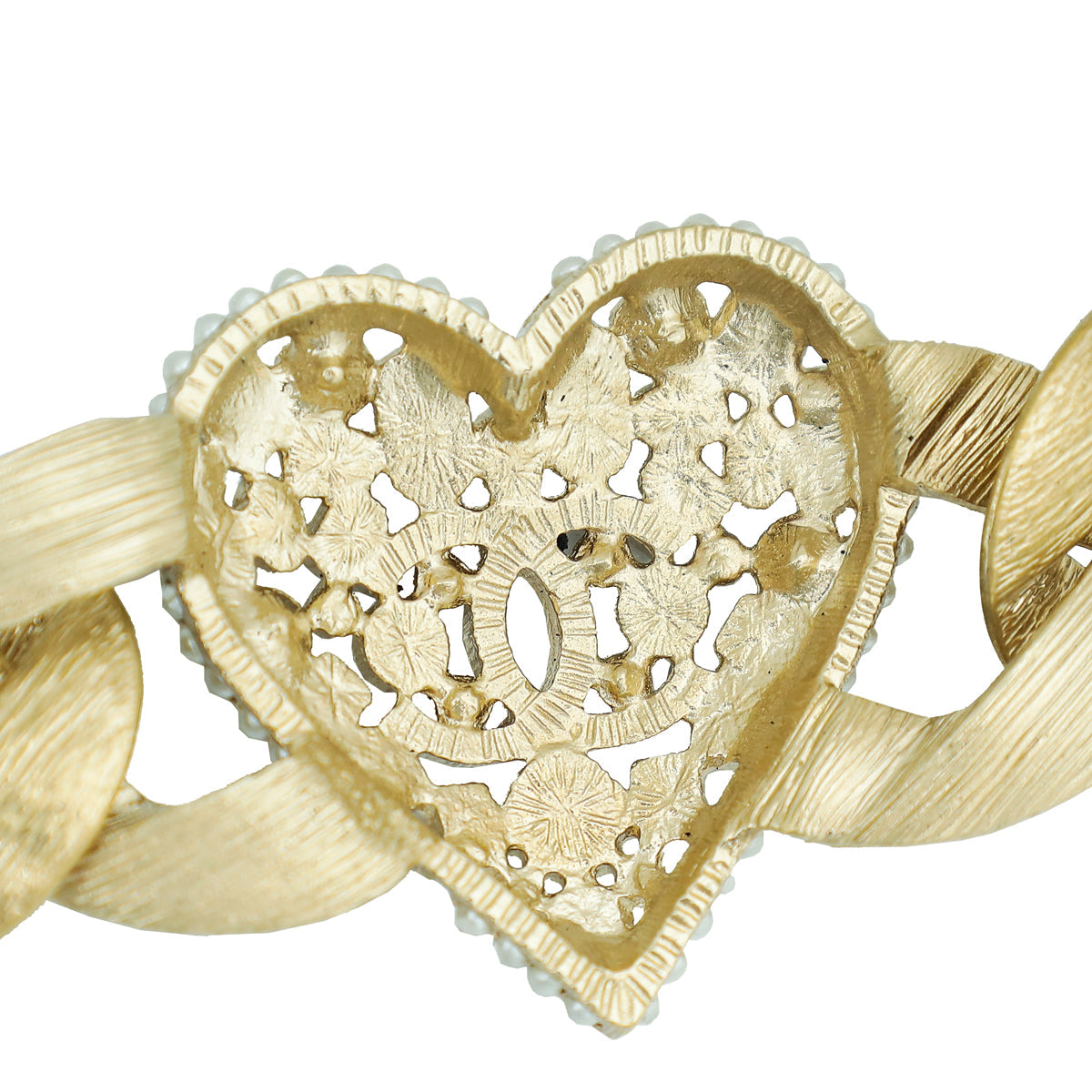Chanel Gold CC Charm Heart Crystal Wide Chain Bracelet