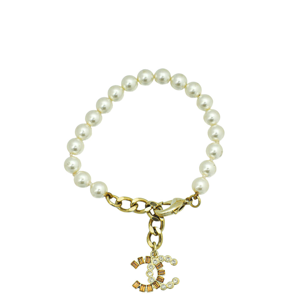 Chanel White CC Crystal Drop Pearl Bracelet