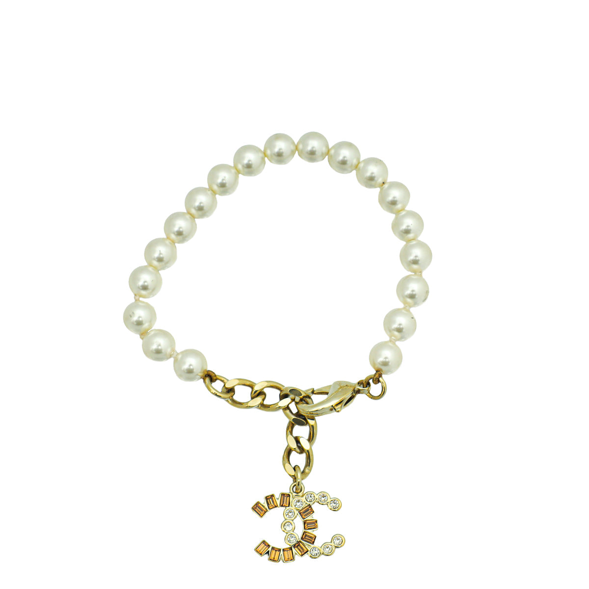 Chanel White CC Crystal Drop Pearl Bracelet