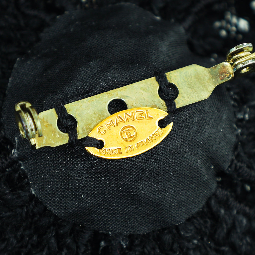 Chanel Black Embroidered CC Camellia Brooch