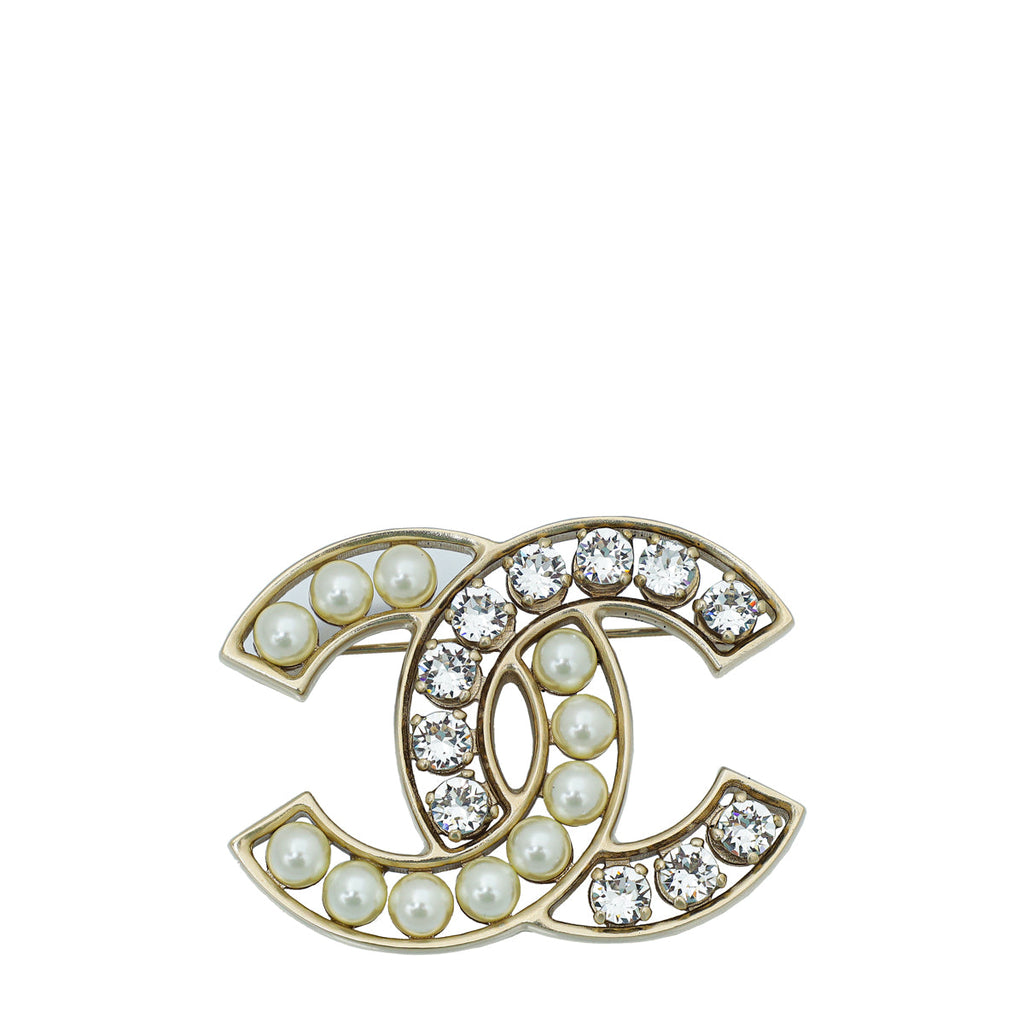 Chanel White CC Crystal Pearl Brooch