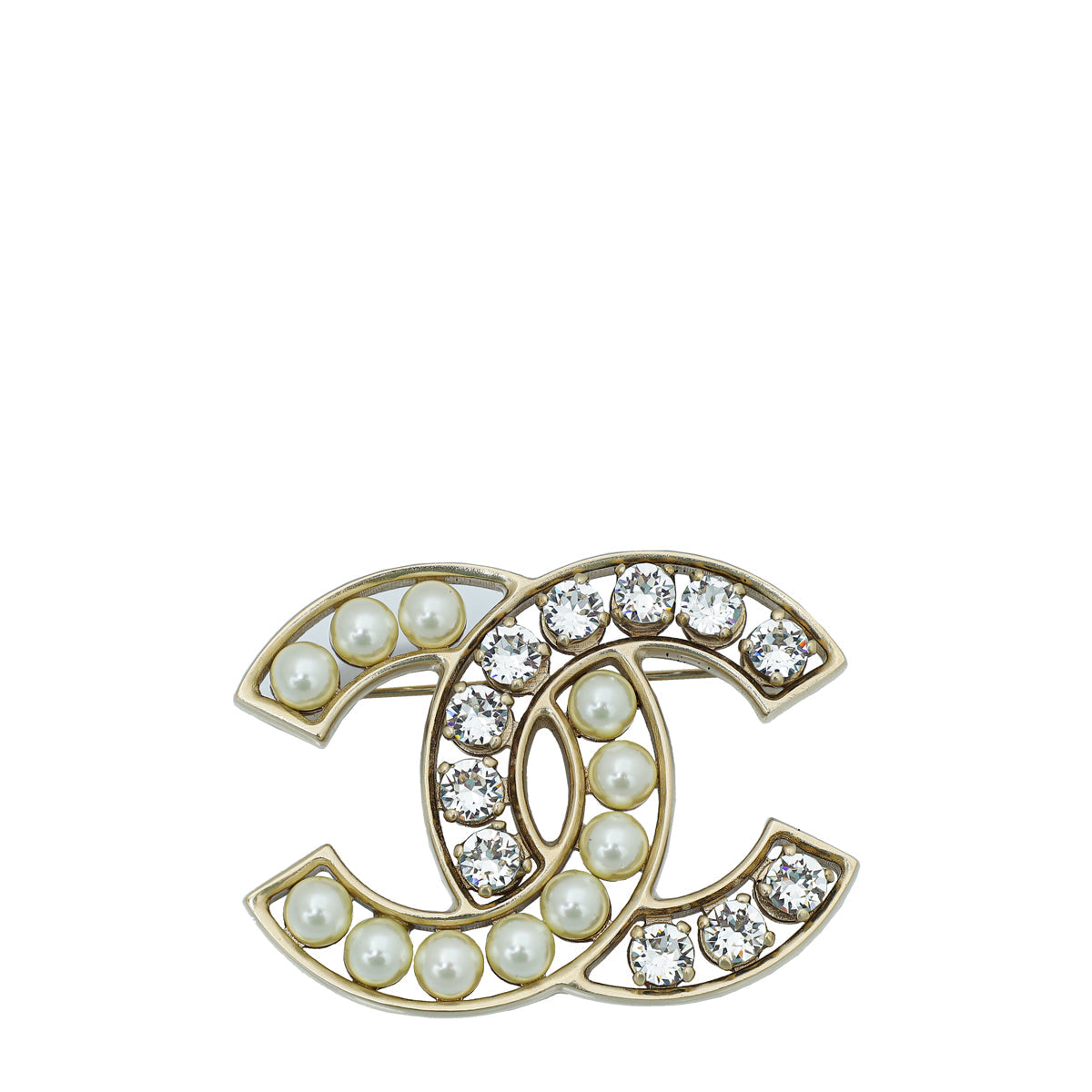 Chanel White CC Crystal Pearl Brooch