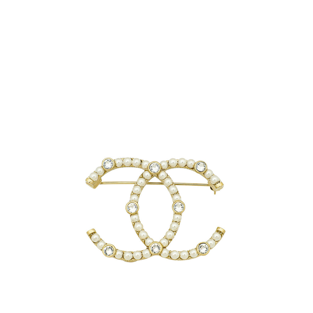 Chanel White CC Pearl Crystal Brooch