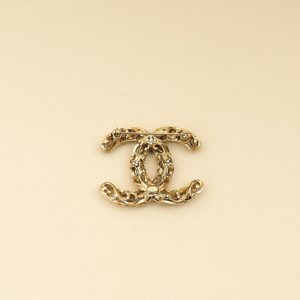 Chanel Gold CC Crystal Cutout Details Brooch