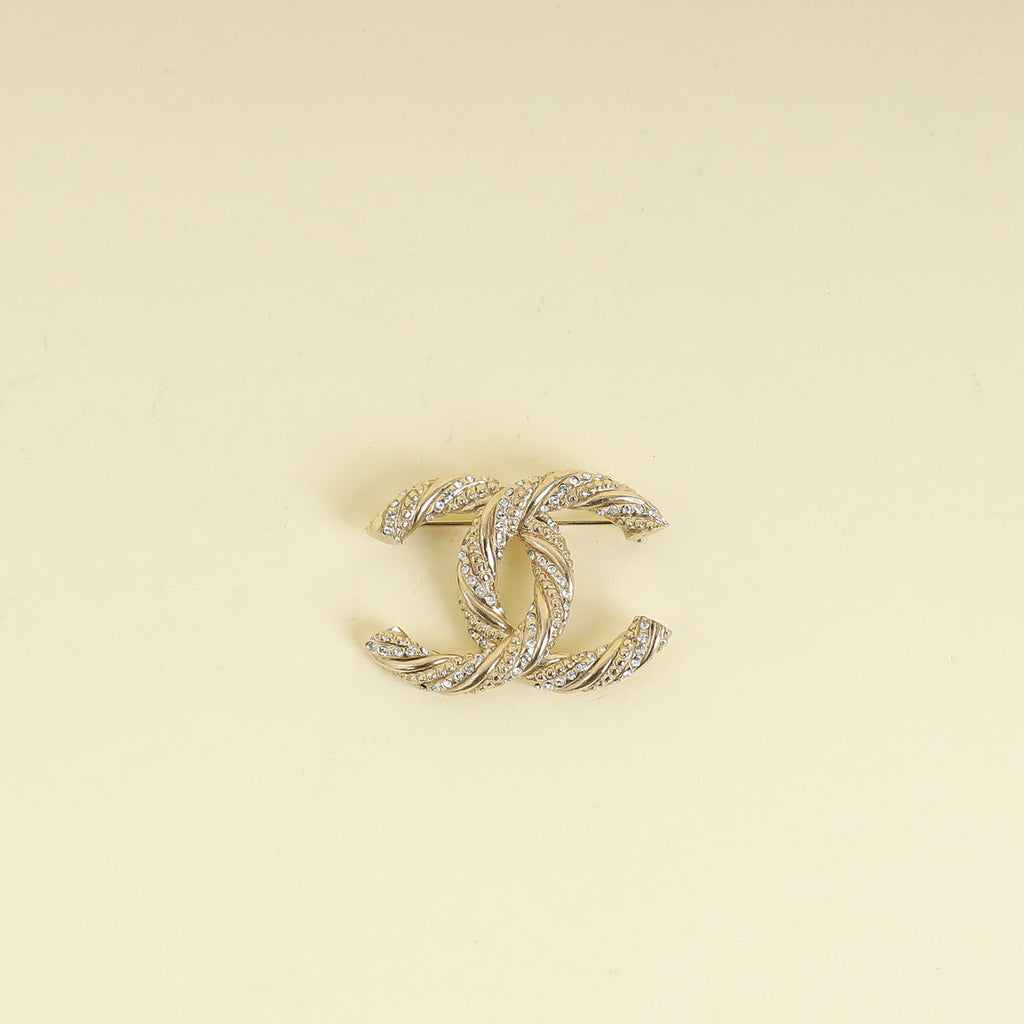 Chanel Light Gold CC Twisted Crystal Brooch