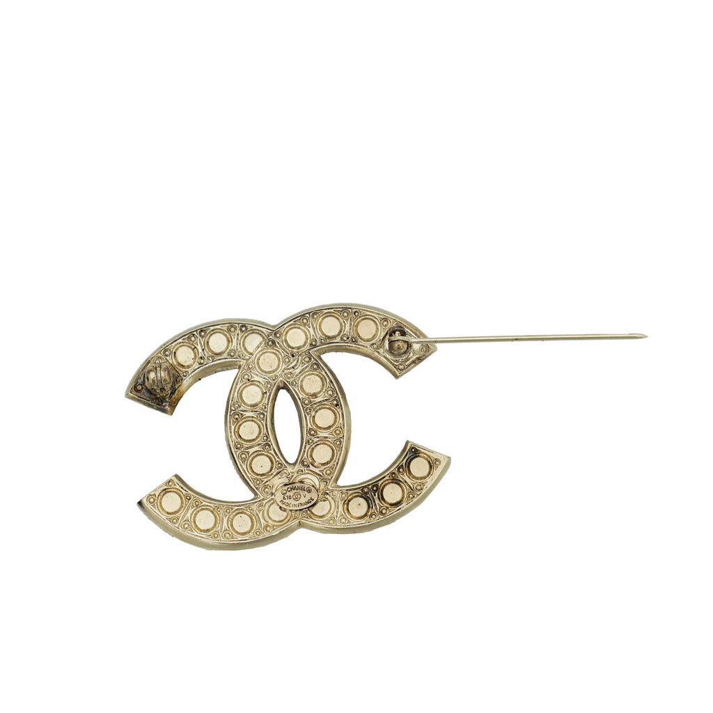 Chanel White CC Pearl Crystal Brooch