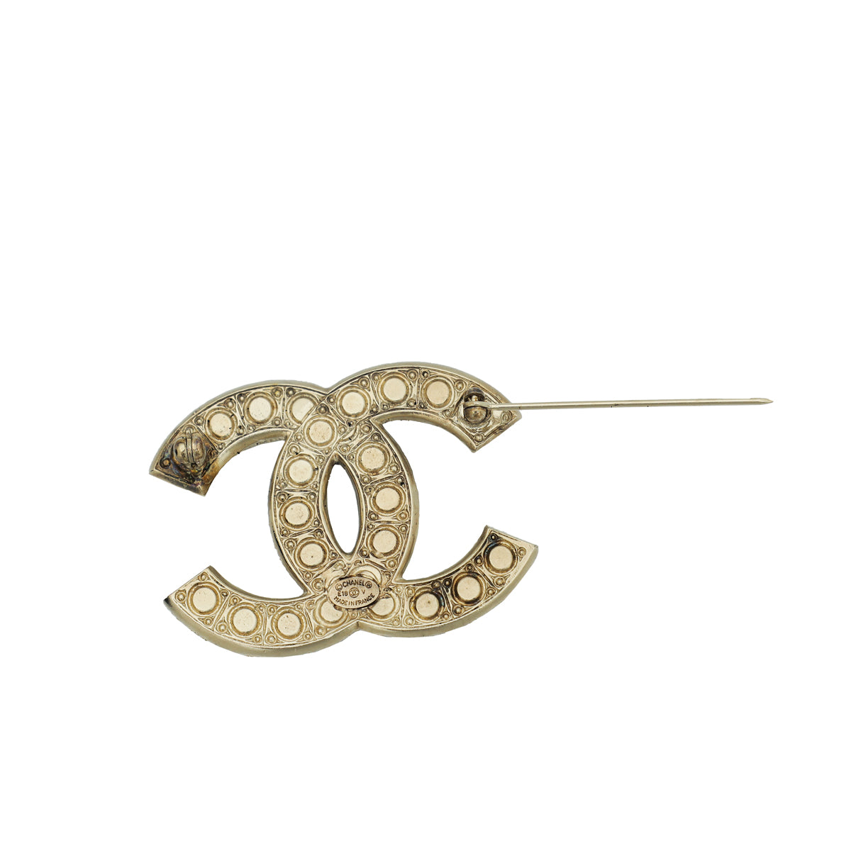 Chanel White CC Pearl Crystal Brooch