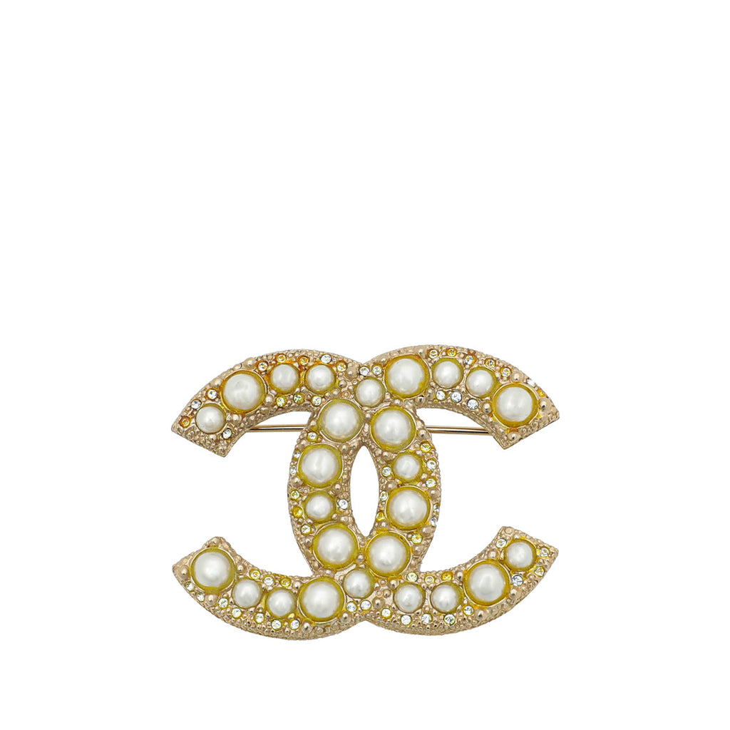 Chanel Gold Finish Crystal Pearl CC Brooch