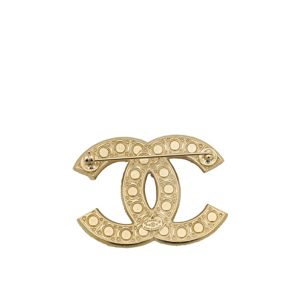 Chanel Gold Finish Crystal Pearl CC Brooch