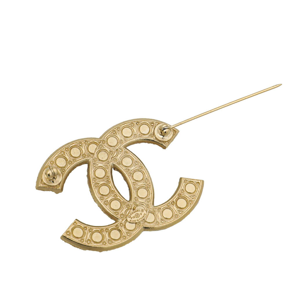 Chanel Gold Finish Crystal Pearl CC Brooch