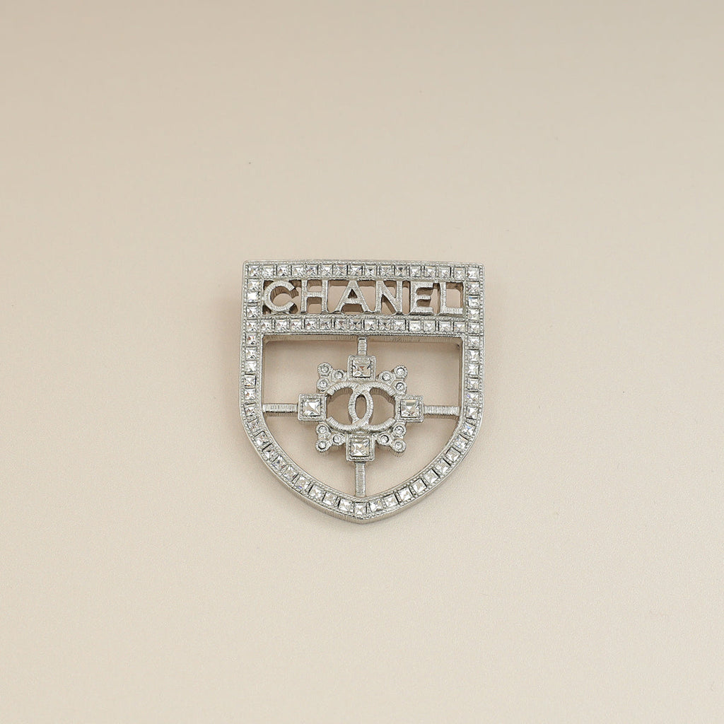 Chanel Silver Swarovski Baguette Crystal CC Shield Brooch