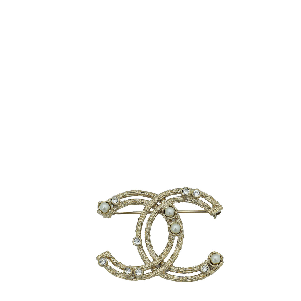 Chanel Gold CC Crystal Pearl Brooch