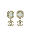 Chanel Gold Tone CC Pearl Crystal Drop Earrings