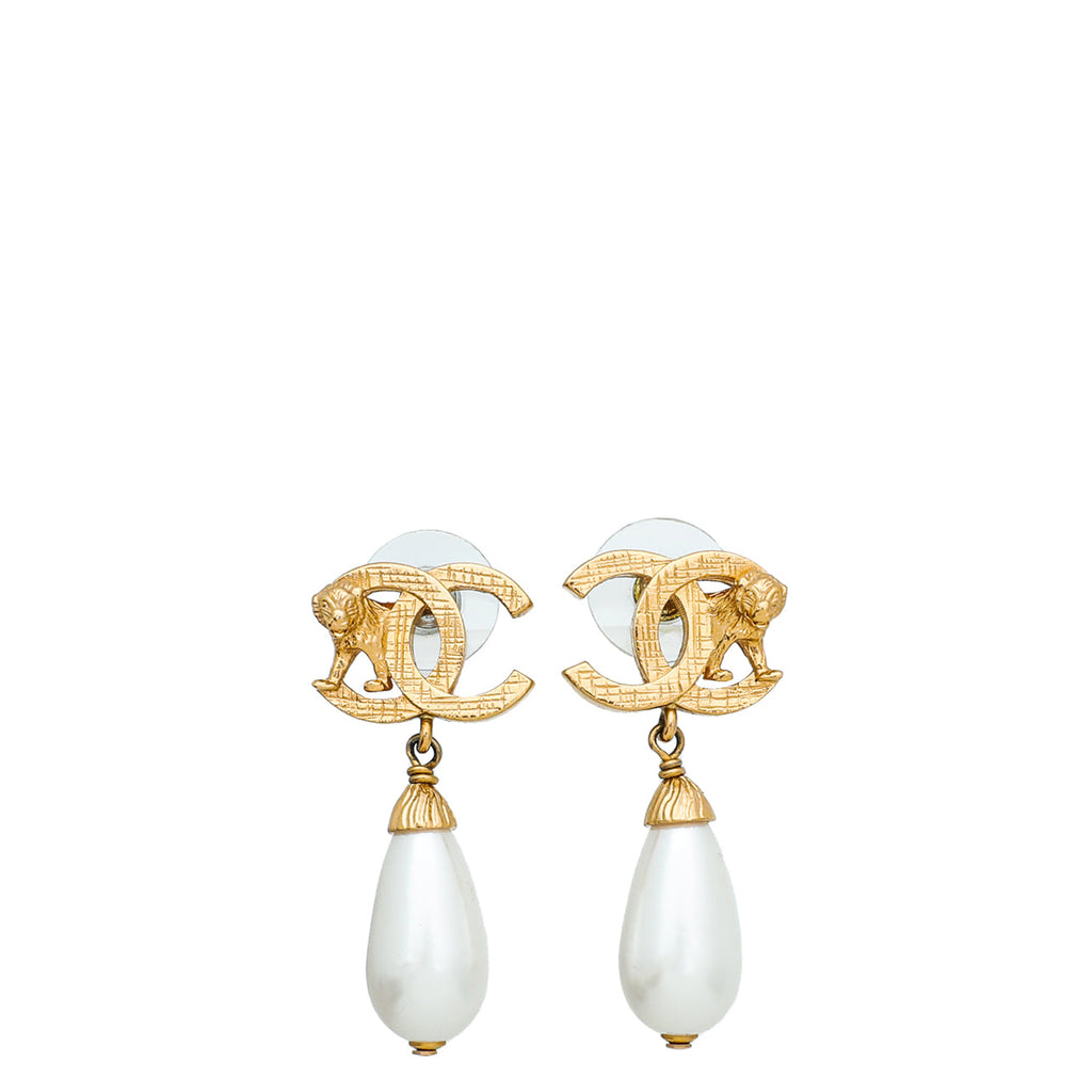 Chanel Gold Finish CC Lion Faux Teardrop Pearl Stud Earrings