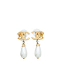 Chanel Gold Finish CC Lion Faux Teardrop Pearl Stud Earrings