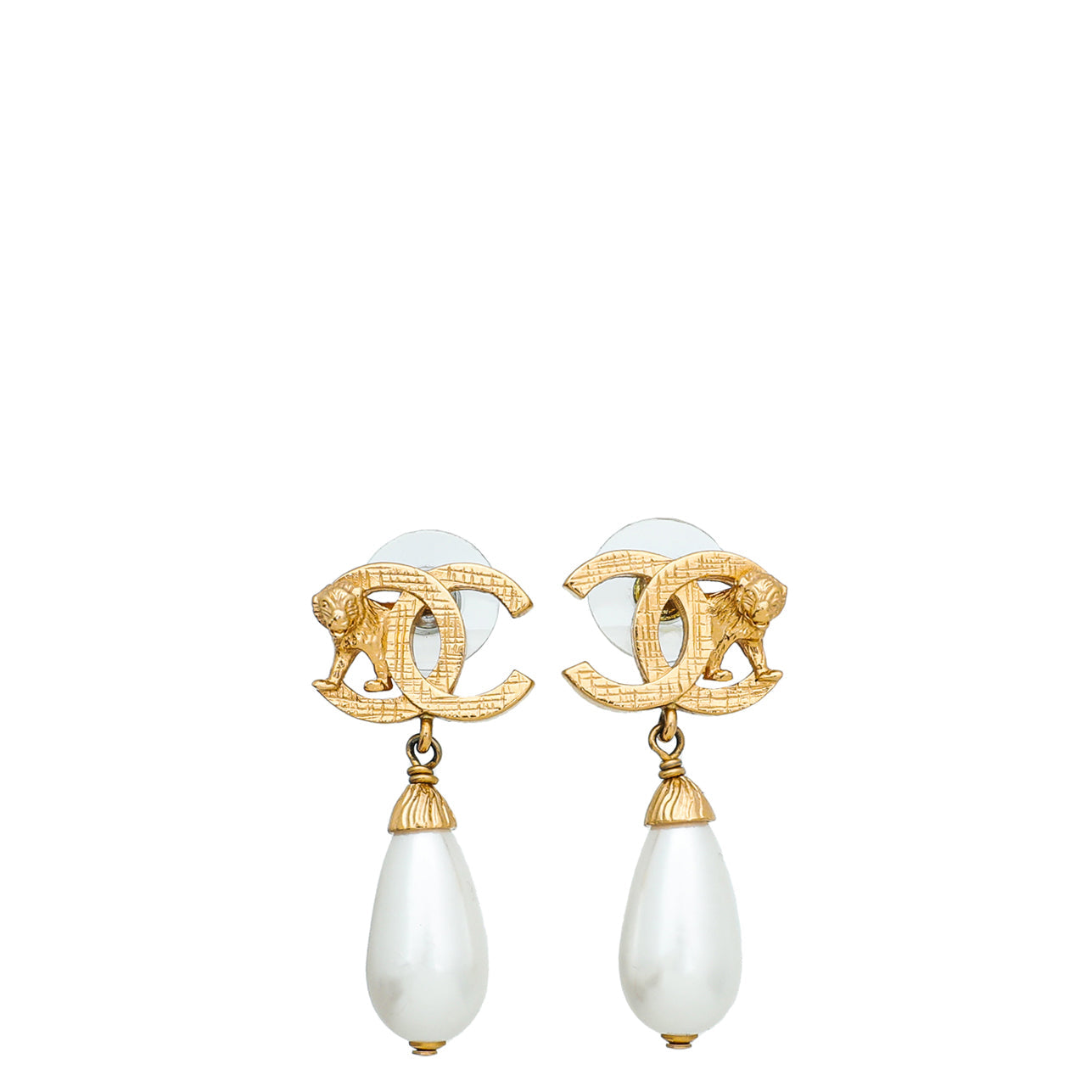 Chanel Gold Finish CC Lion Faux Teardrop Pearl Stud Earrings