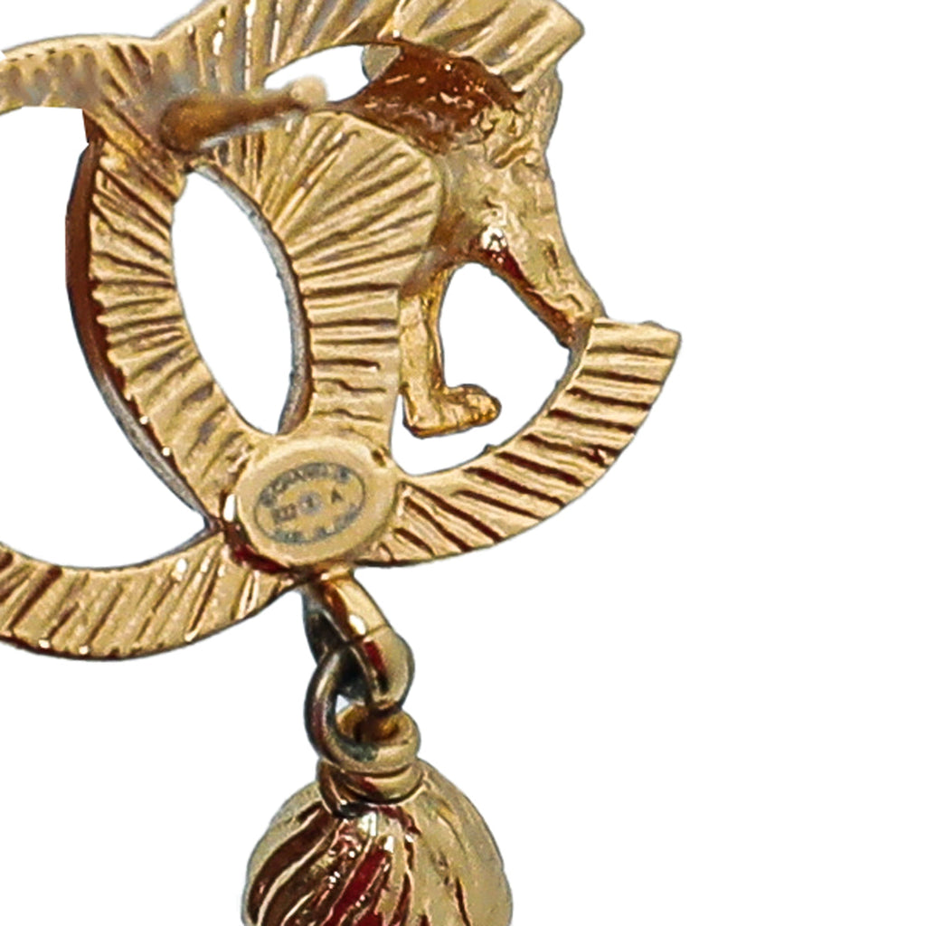 Chanel Gold Finish CC Lion Faux Teardrop Pearl Stud Earrings
