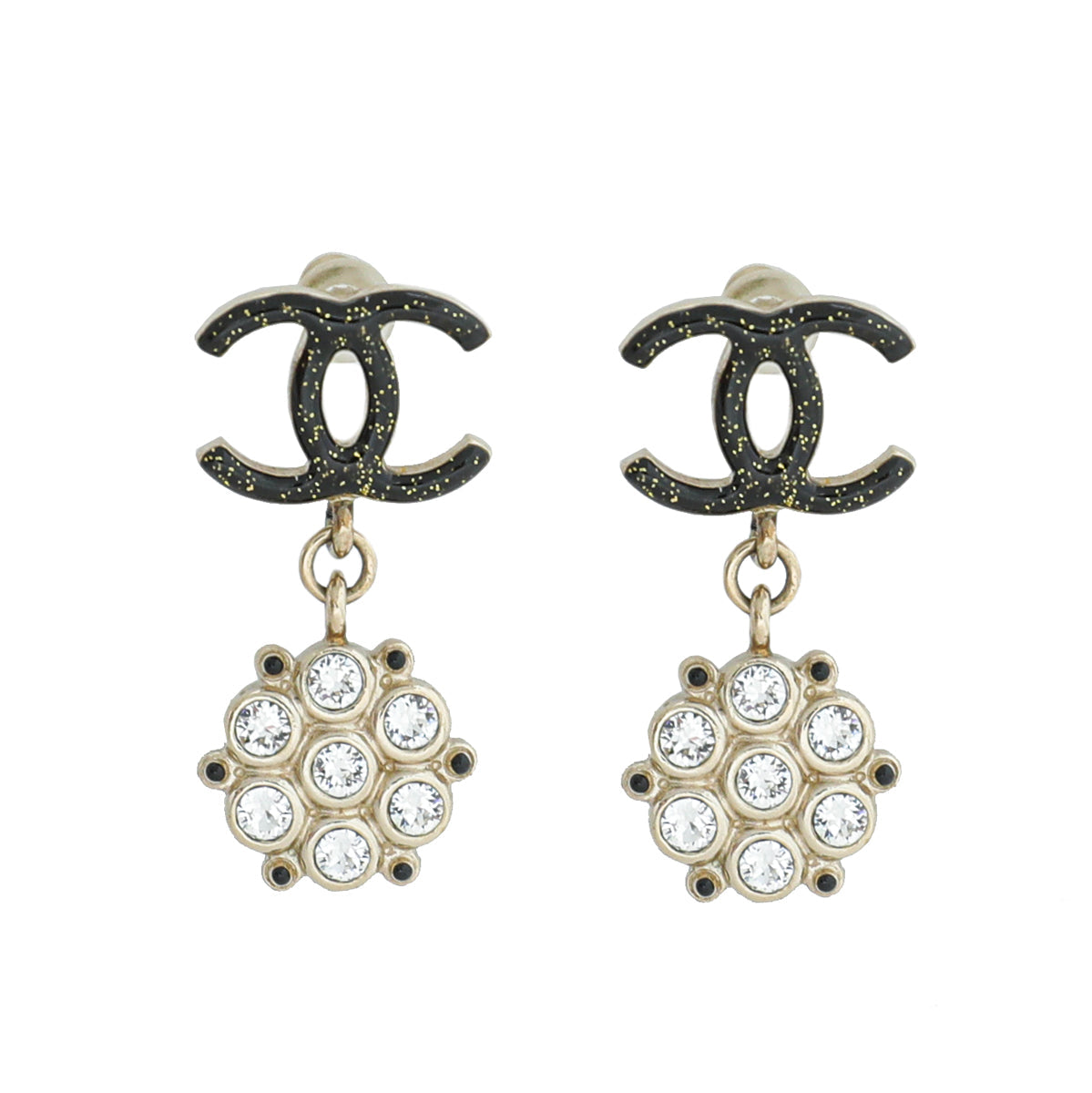 Chanel Black CC Drop Flower Crystal Earrings