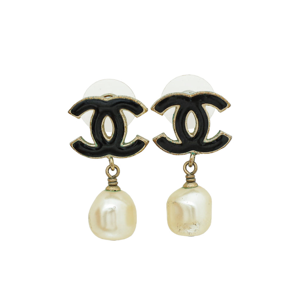 Chanel Bicolor CC Enamel Pearl Drop Earrings