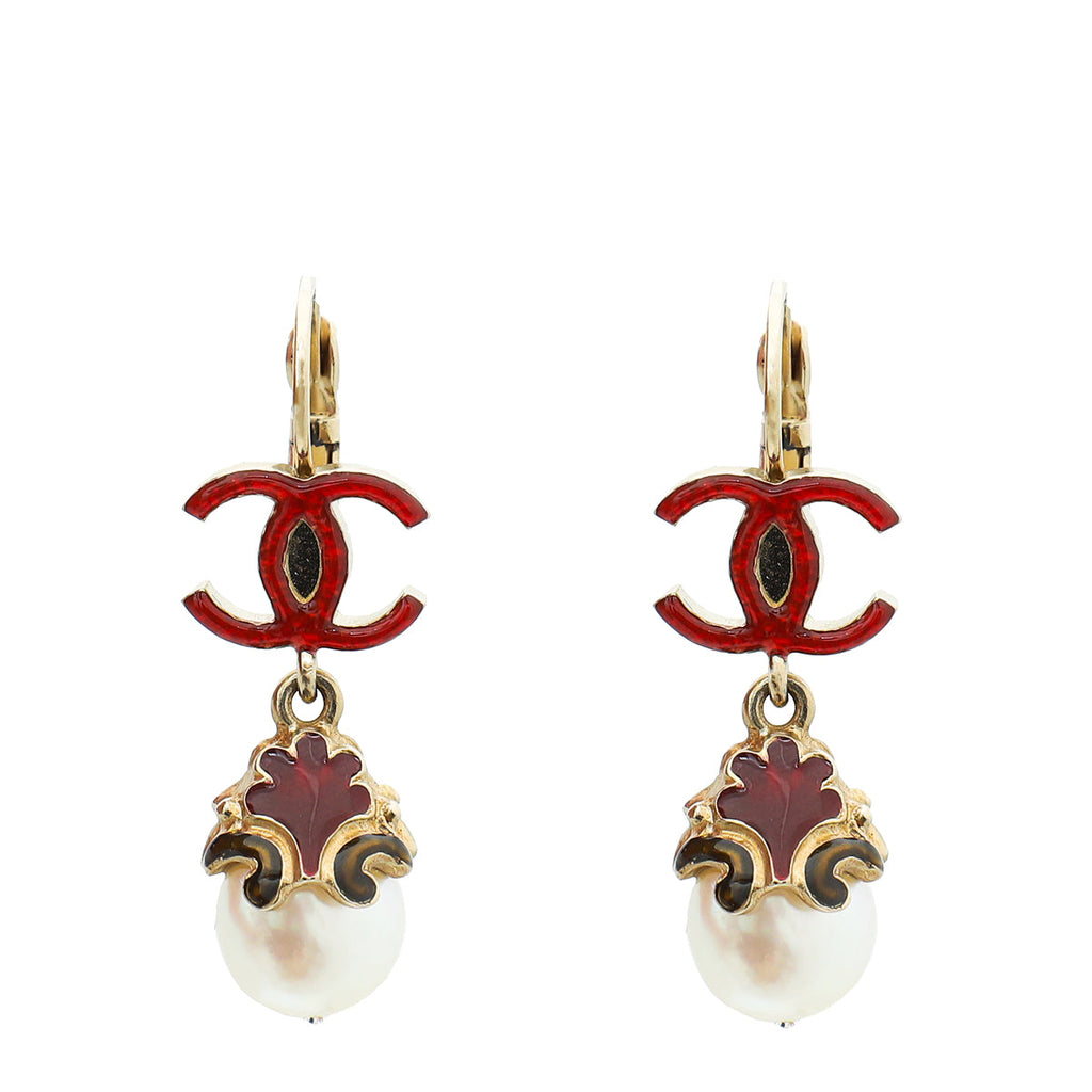 Chanel Bicolor CC Enamel Drop Pearl Earrings