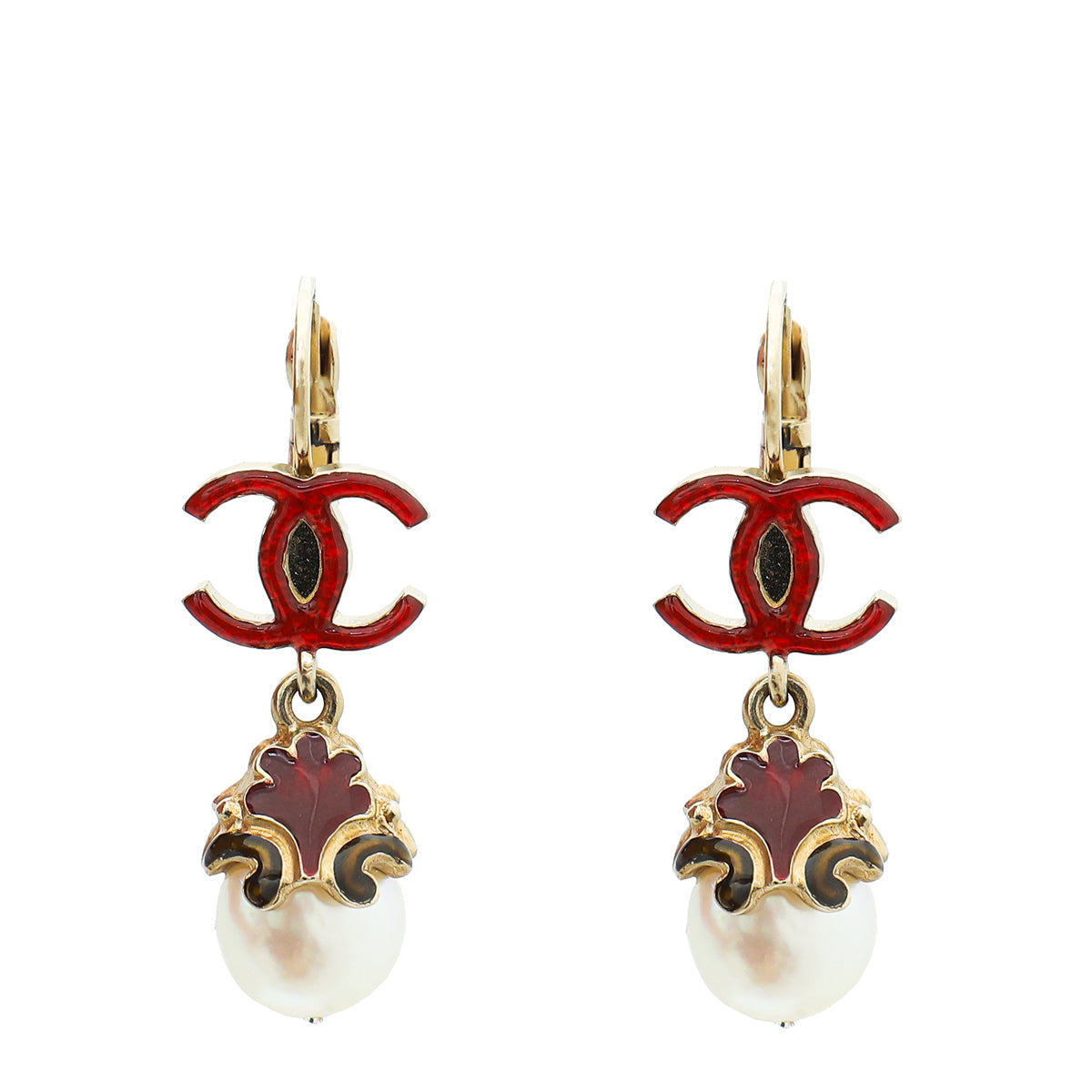 Chanel Bicolor CC Enamel Drop Pearl Earrings