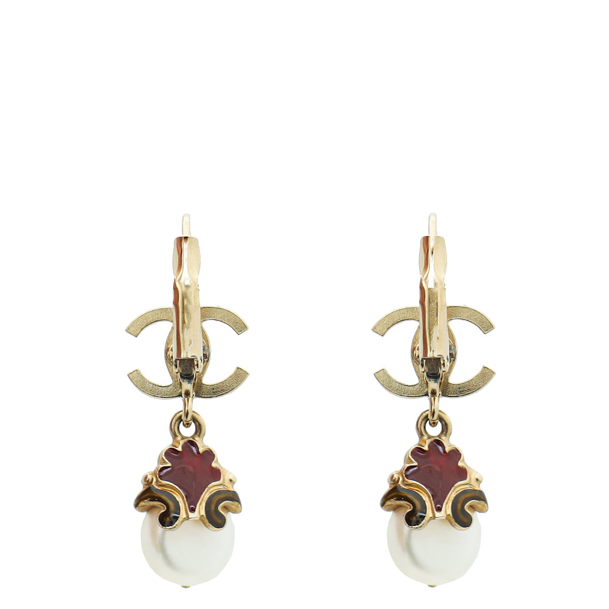 Chanel Bicolor CC Enamel Drop Pearl Earrings