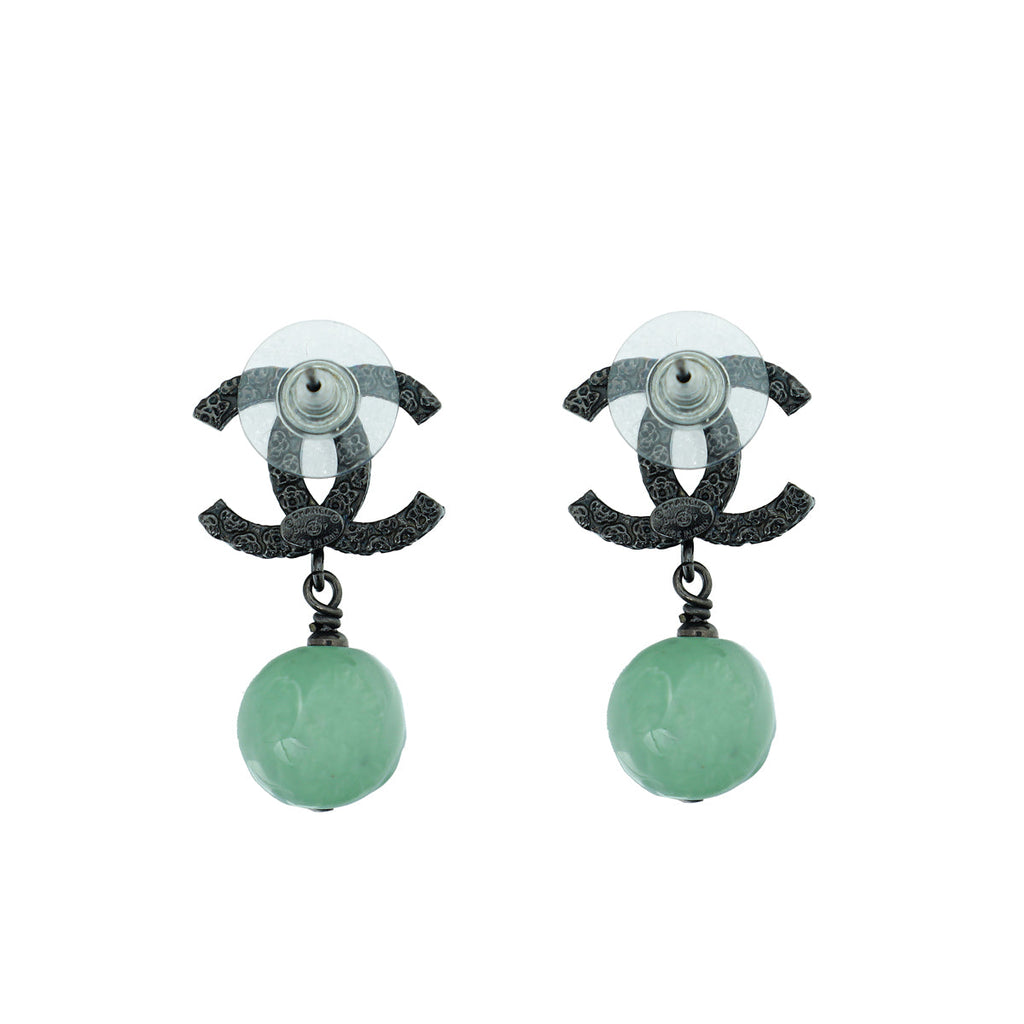Chanel Green CC Camellia Drop Stud Earrings