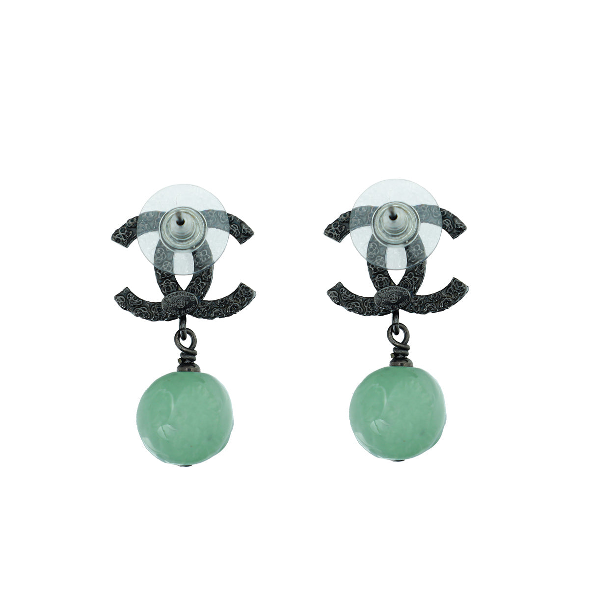 Chanel Green CC Camellia Drop Stud Earrings