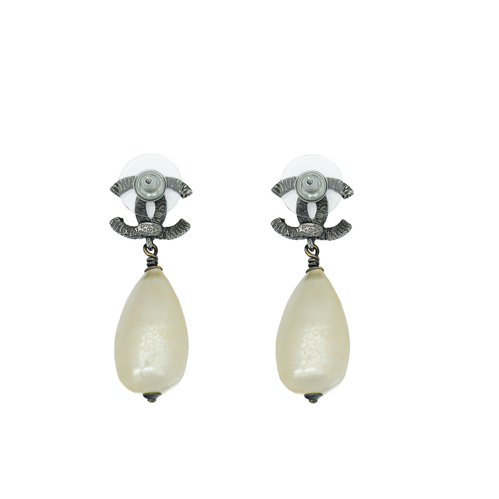 Chanel White CC Pearl Drop Earrings