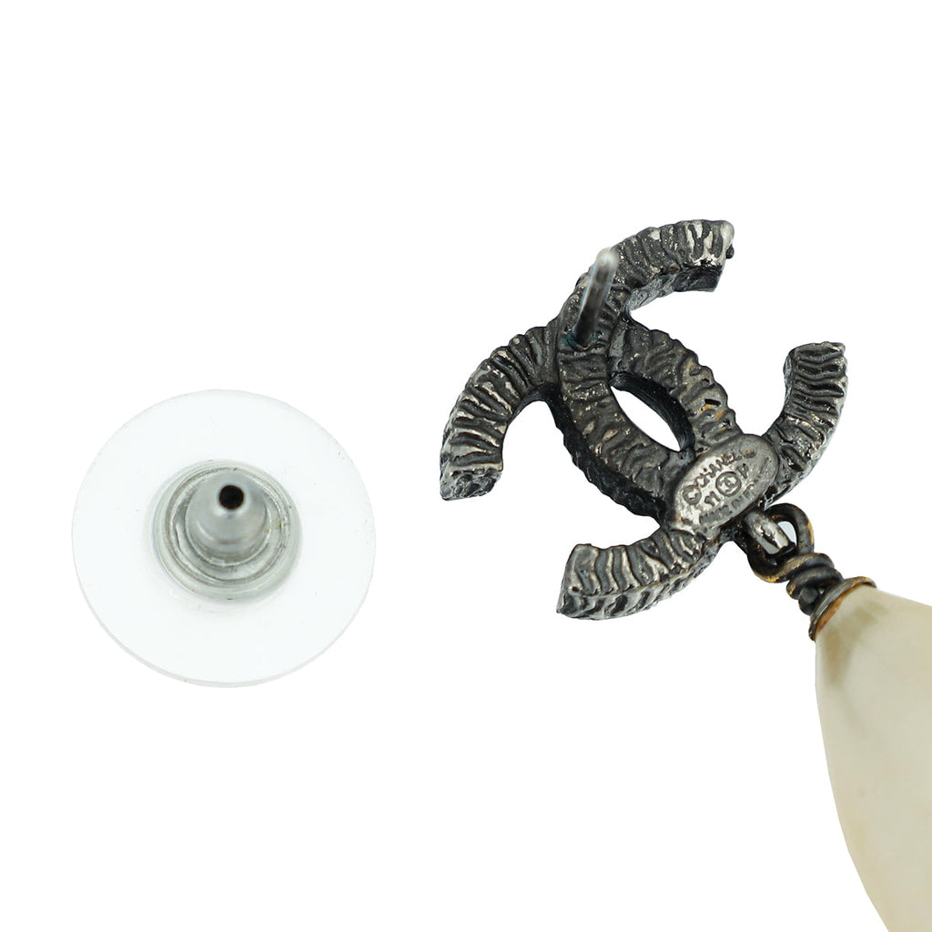 Chanel White CC Pearl Drop Earrings