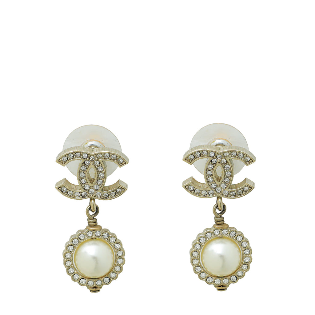 Chanel White CC Crystal Pearl Drop Earrings