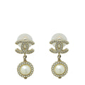Chanel White CC Crystal Pearl Drop Earrings