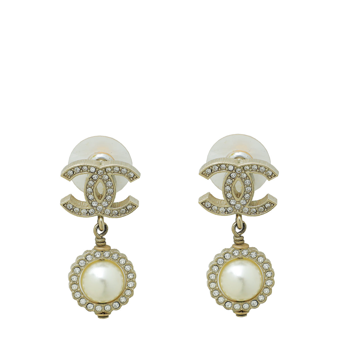Chanel White CC Crystal Pearl Drop Earrings