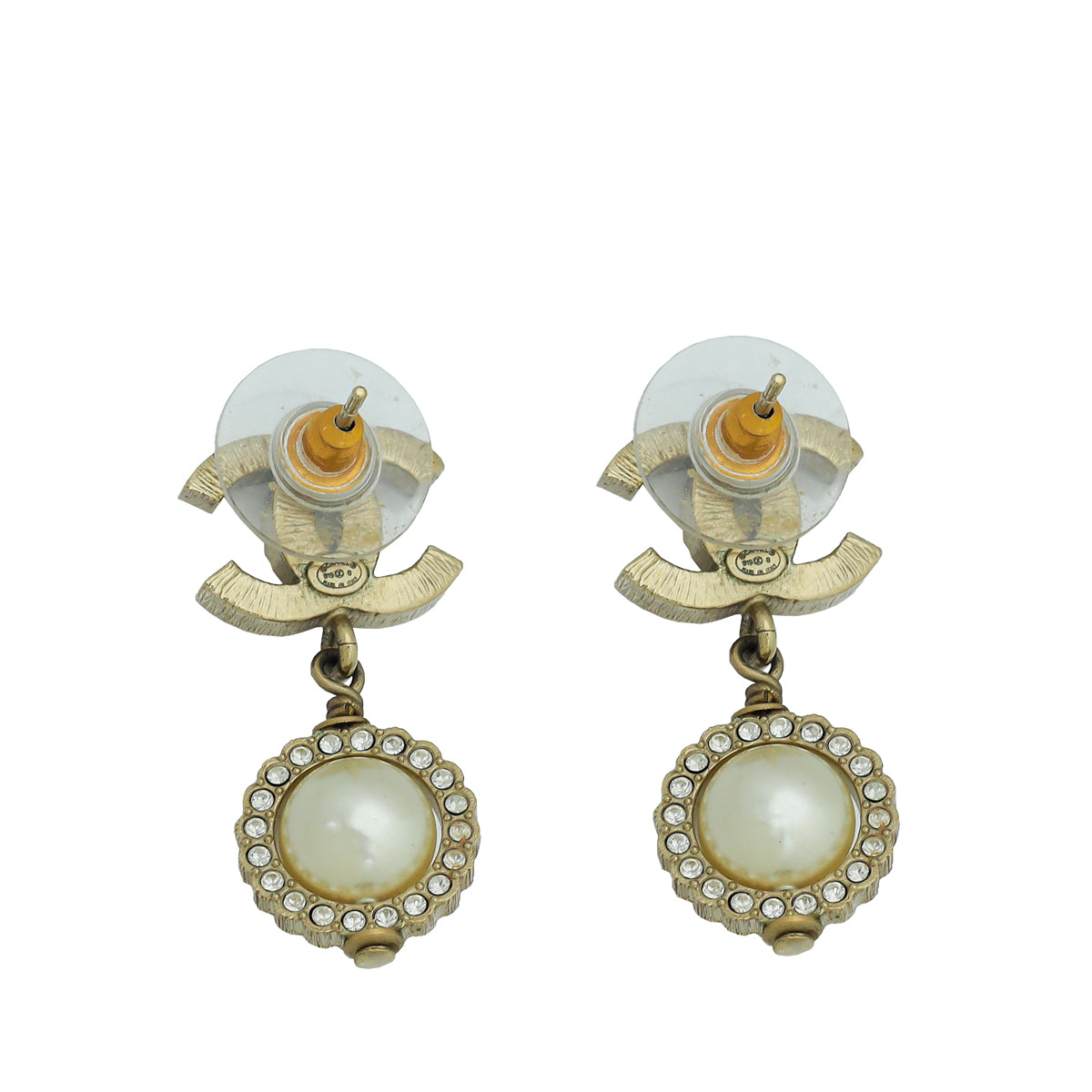 Chanel White CC Crystal Pearl Drop Earrings