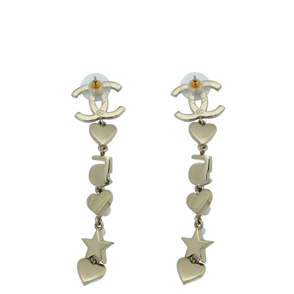 Chanel Gold CC Crystal Pearl Charming Winter Star Heart Drop Earrings
